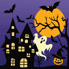 Halloween haunted house cartoon card background illustration with bats