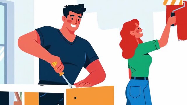 Flst vector of couple working together on a home improvement project, the man assembling furniture and the woman painting the wall