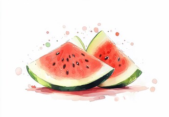 Watercolor illustration of two watermelon slices with seeds and juice splashes on a white background