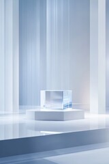 Minimalist white interior with illuminated glass cube on pedestal