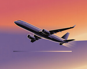 An unique black illustrator of a commercial airplane side view left to right on colorful background. Clean and minimal, centered graphic or logo icon of flight.