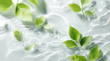 Green leaves floating on clear, rippling water surface