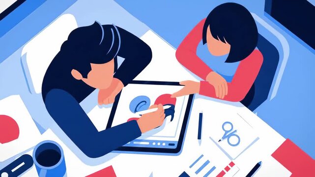 Flst vector of two designers collaborating on a project, working together on a tablet and reviewing documents at a desk