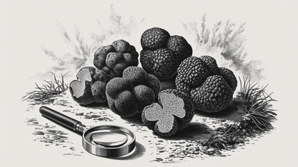 Gourmet Black Truffles  Close up Still Life with Magnifying Glass