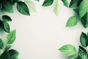 Green leaves arranged in a border frame on a light background