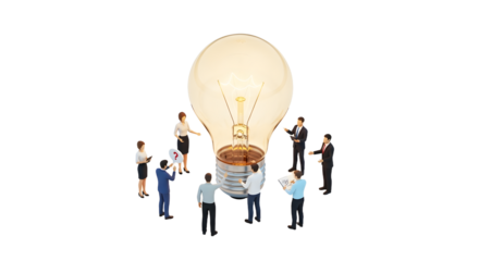 Businesspeople Gathering Around Large Light Bulb in Modern Office Setting