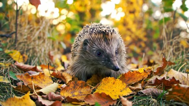 Adorable hedgehog in autumn leaves outdoors, nature background, fall season, animal