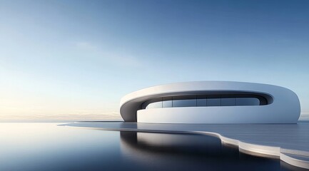 Modern circular white building with reflective water surface and clear sky
