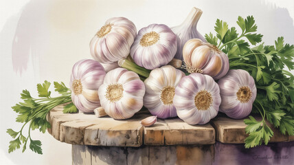 Rustic Still Life  Garlic Cloves  Parsley  Wooden Surface