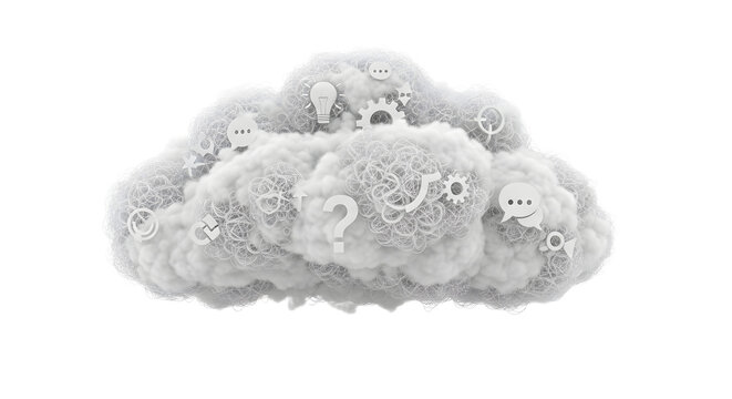 Cloud with Light Bulb Gear and Question Mark Symbols in White and Gray Tones