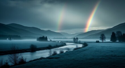 Misty Mountain Valley with Double Rainbow.
