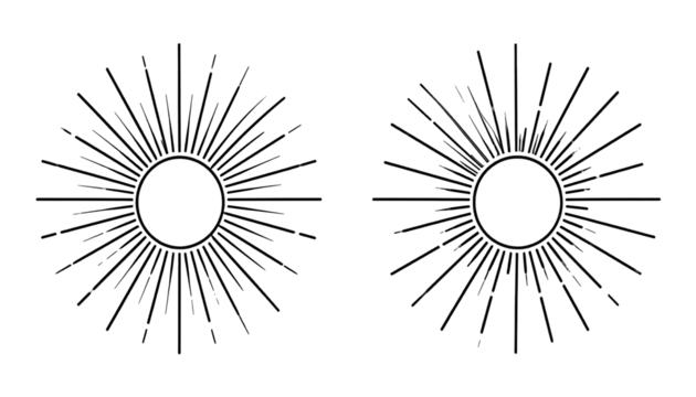 Two symmetrical radiating designs on a black background