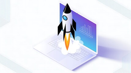 Rocket Launching from Laptop Screen – Digital Innovation and Business Startup Concept

