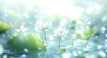 White lotus flowers blooming on a serene pond with floating lily pads and soft bokeh light effects