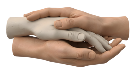 Hands Holding Small Baby Hand Sculpture in Neutral Colors on White Background
