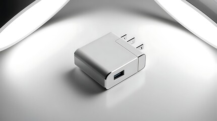 professional photo of a minimalist studio photograph of a sleek white charging adapter with clean lines and a smooth finish, perfectly isolated on a glossy white surface that reflects.