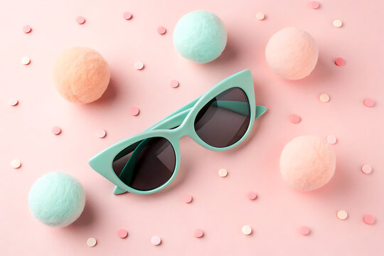 Fun pastel easter eggs and cat eye sunglasses on a pink background