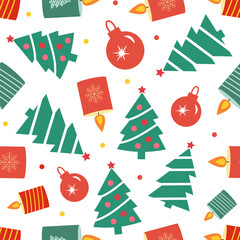 Seamless Christmas background with trees, toys and candles