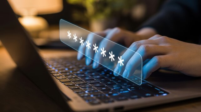 Securing the Digital Realm: Close-up shot of hands typing a password on a laptop keyboard, illuminated by the subtle glow of the screen, and overlayed with a holographic password security feature.