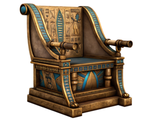 Elaborate Ancient Egyptian Throne with Sarcophagus Motif and Gold chair royal isolated on a transparent background