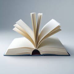Naklejka premium A medium close-up of a blank open paperback book, showcasing the clean, unwritten pages and a slightly flexible spine. It rests on an infinite white plane, with professional studio lighting.