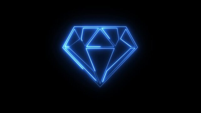 Glowing neon diamond icon animation against black background illustrating value and luxury. Diamond icon. Jewelry symbol. Gem stone. 