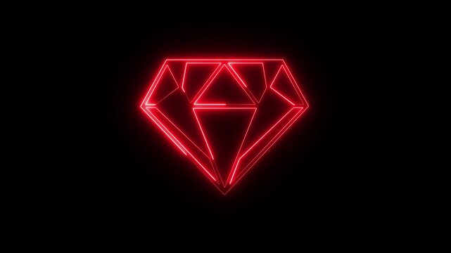 Glowing neon diamond icon animation against black background illustrating value and luxury. Diamond icon. Jewelry symbol. Gem stone. 