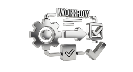 Workflow Process Diagram with Gears Checkmarks and Arrows in Silver Style
