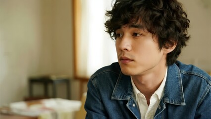 A young man with curly hair wearing a denim jacket sits indoors, looking thoughtfully to the side in a softly lit room.