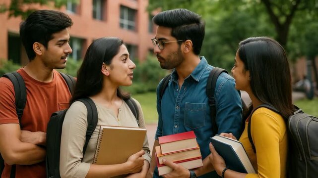 A group of students smiling and chatting outdoors, captured from a front-facing angle. The video conveys a friendly and academic atmosphere.