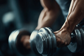 Realistic Close-Up of Muscular Arms Lifting Dumbbell in Gym