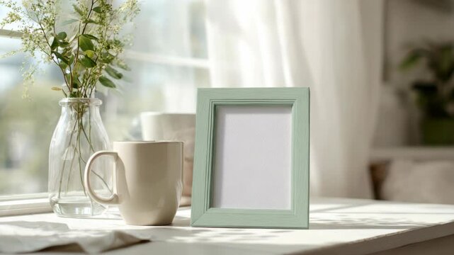 Blank mint green photo frame beside a beige mug and glass vase with flowers on a sunlit white table in cozy home interior