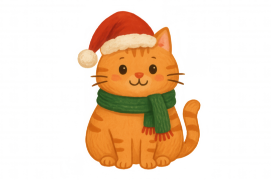 Cute ginger cat wearing a santa hat and green scarf for christmas celebration, festive winter animal illustration - Powered by Adobe