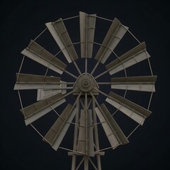 A detailed depiction of a weathered, antique wooden windmill against a dark backdrop.