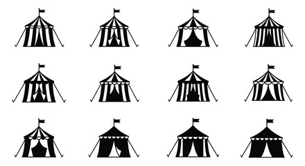Simple black and white illustrations of various circus tents arranged in a grid