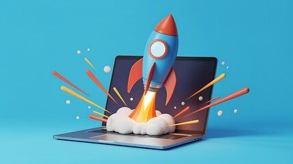 3D Render of a Rocket Launching from a Laptop Screen