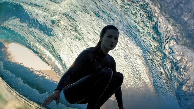 POV slow-motion video from inside a wave barrel with a female surfer at sunrise.