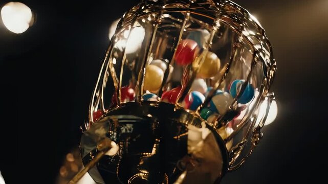 Seamless loop of a vintage bingo cage spinning in slow motion.