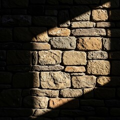 Sunlight casts a striking diagonal shadow across a stone wall, highlighting the irregular texture and varied tones.