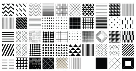 Abstract seamless geometric patterns set, a collection of different black and white vector patterns including lines, dots, squares, zigzags, and triangles.