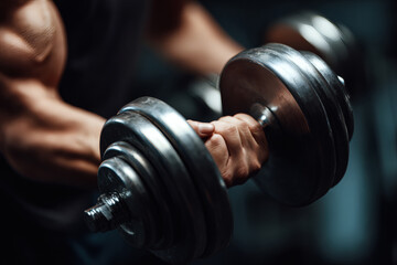 Realistic Close-Up of Muscular Arms Lifting Dumbbell in Gym
