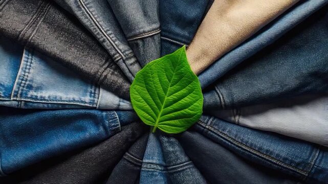 A single green leaf perches on top of a stack of blue jeans