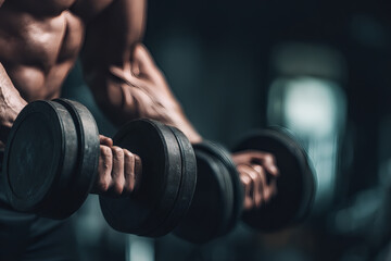 Realistic Close-Up of Muscular Arms Lifting Dumbbell in Gym