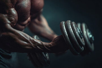 Realistic Close-Up of Muscular Arms Lifting Dumbbell in Gym