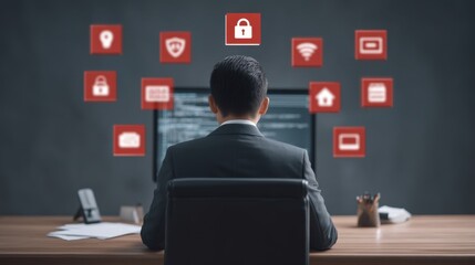 Professional man analyzing data on computer with security icons representing cybersecurity, data protection, and digital safety in modern office environment