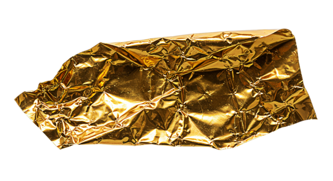 Illustration of a crumpled piece of gold foil isolated on a transparent background, showing its textured surface and reflective properties