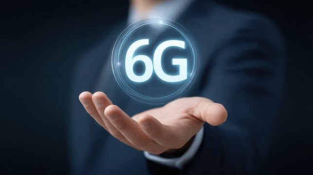 Businessman Holding Holographic 6G Symbol in Palm against Dark Background, Representing Future Technology and Innovation in Telecommunications Sector