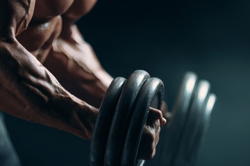 Realistic Close-Up of Muscular Arms Lifting Dumbbell in Gym