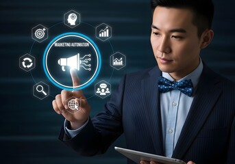 Man in suit interacting with marketing automation interface on a digital screen display panel