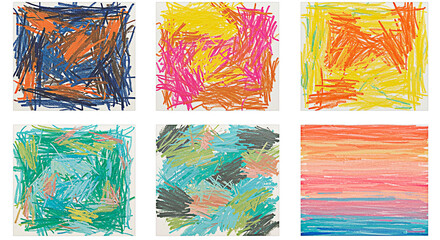 Illustration of a set of six distinct abstract artworks, showcasing diverse crayon scribbles and linear patterns in a range of colorful hues, presented on a clean transparent background, isolated
